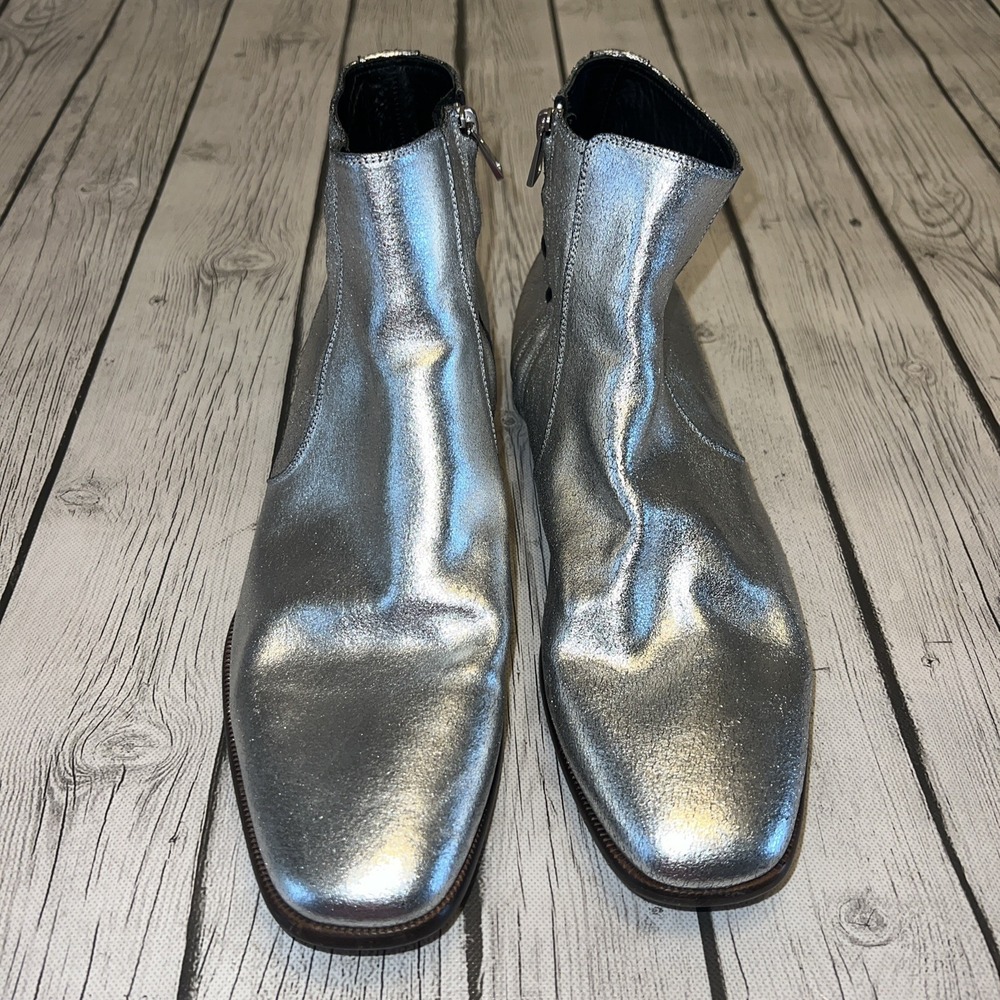 Tom Ford Edgar Silver Metallic Leather Side Zip Ankle Boots 10 1/2